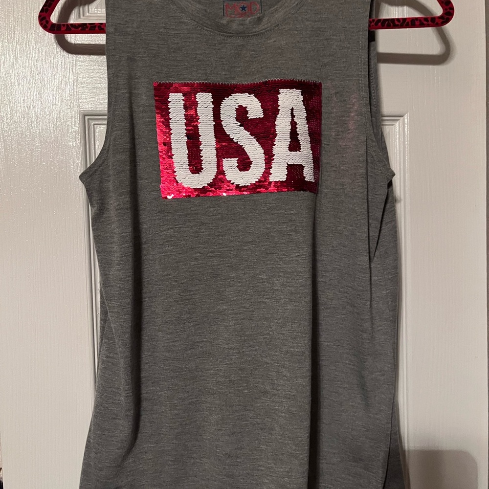 Gray Sleeveless Top with red white blue Sequin USA Design